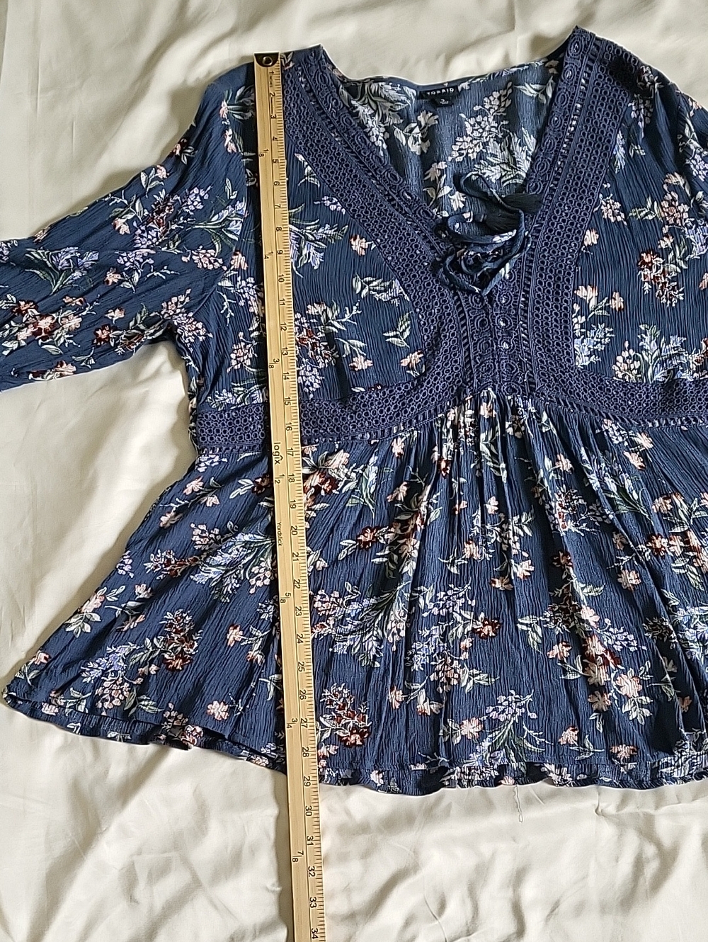 Torrid Boho Gauze Babydoll Top Size 3 3X Blue Floral Lace-Up Peasant Tunic - Picture 14 of 14